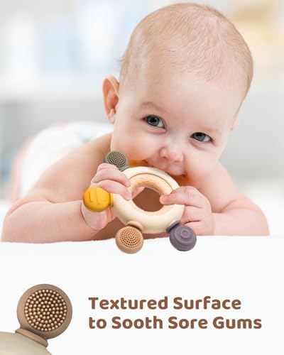 3+ Months Baby Wood & Silicone Teether Toy