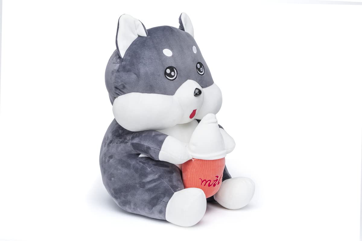 Adorable Grey Puppy Plush Toy with Milk Bottle