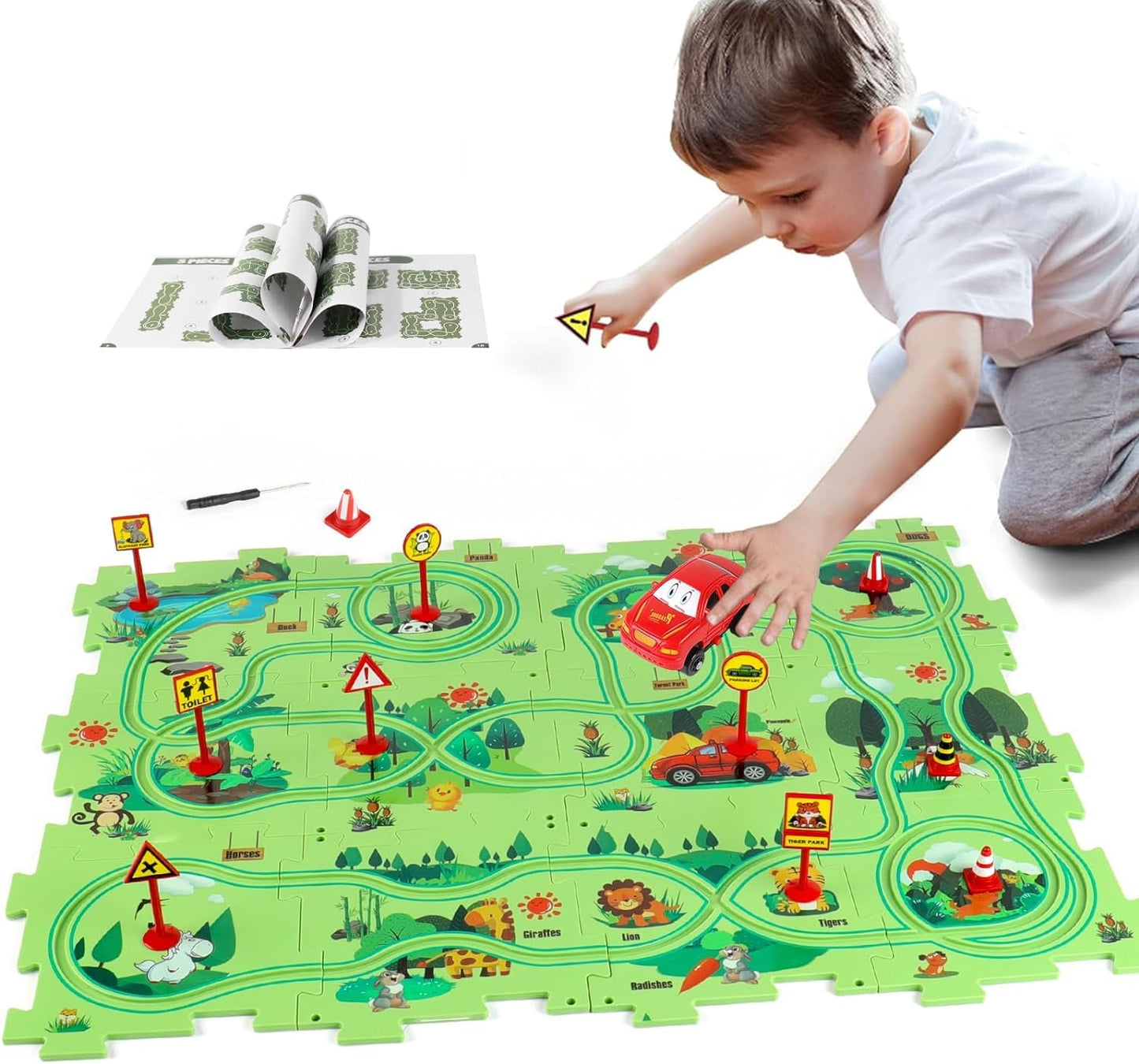 Safari Adventure Road Track Puzzle Play Mat with Toy Car