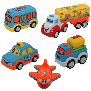 Set of 5 Cute Cartoon Vehicles | Push-and-Go Toy