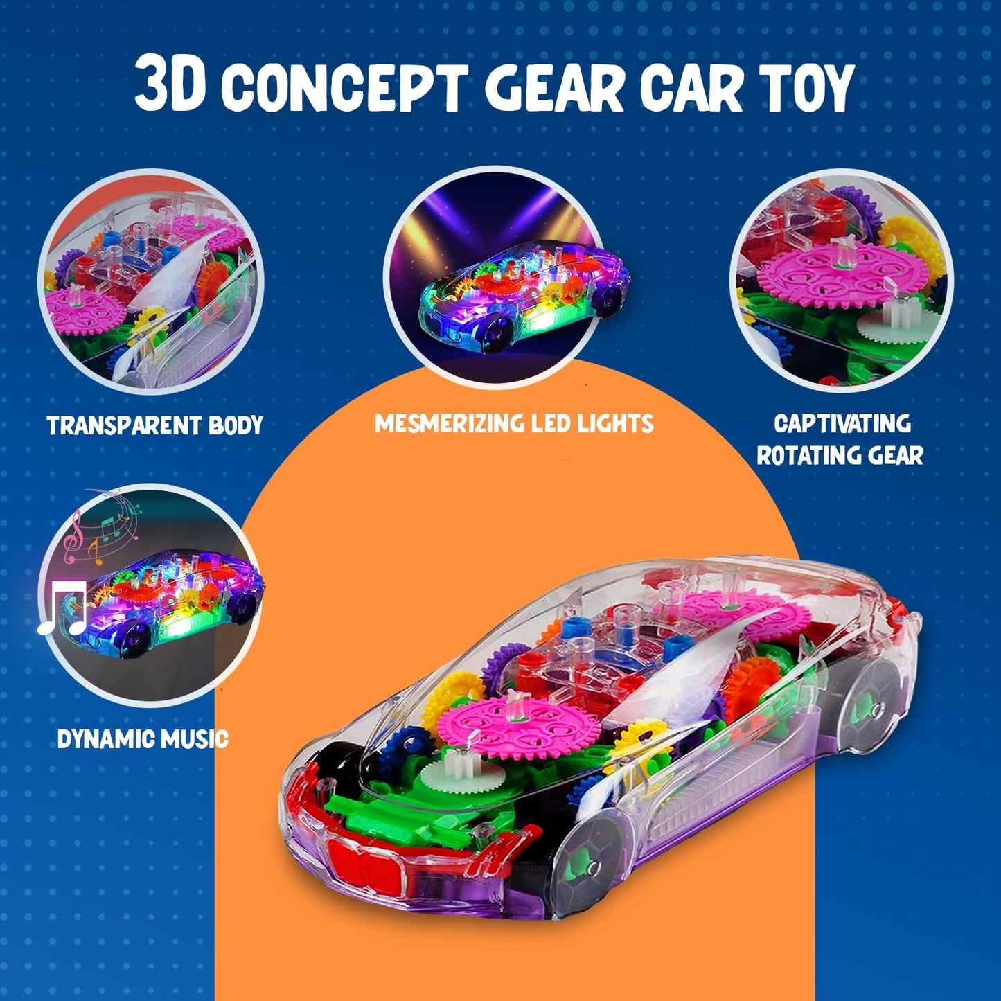 3D Flashing Light & Music Transparent Gear Car Toy