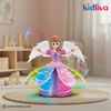 Toy angel doll with colorful wings and dress on a wooden floor, brand 'Kidliva' visible