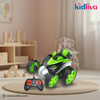 Toy car with remote control on a rug in a room with toys in the background, featuring the Kidliva brand.