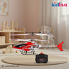 Red and black toy helicopter with remote control on a round mat in a room setting, featuring the Kidliva brand.
