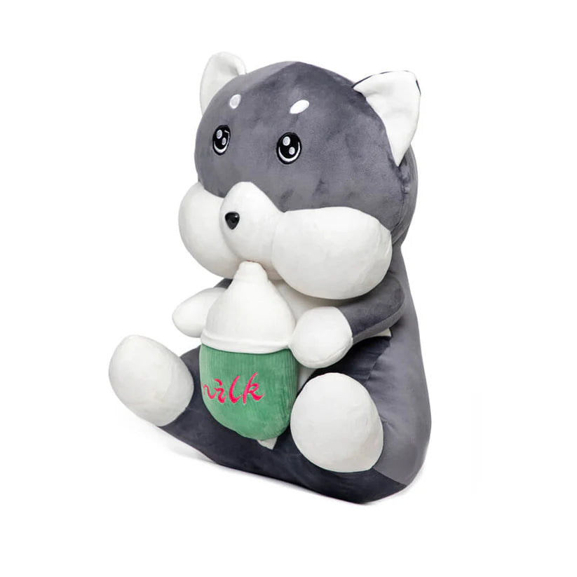Adorable Grey Puppy Plush Toy with Milk Bottle – Soft Stuffed Animal