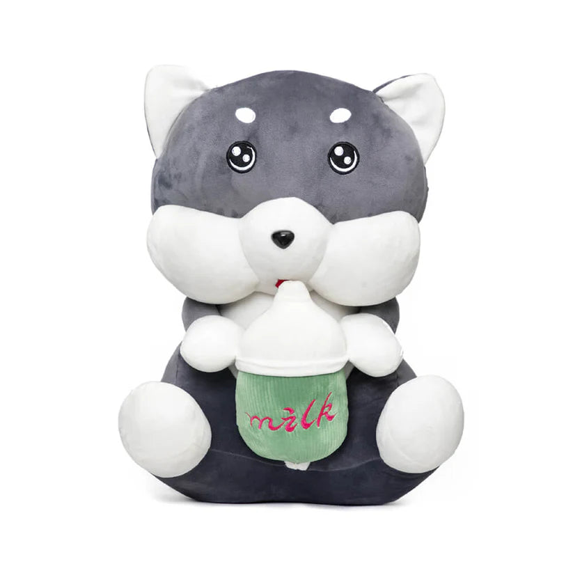 Adorable Grey Puppy Plush Toy with Milk Bottle – Soft Stuffed Animal