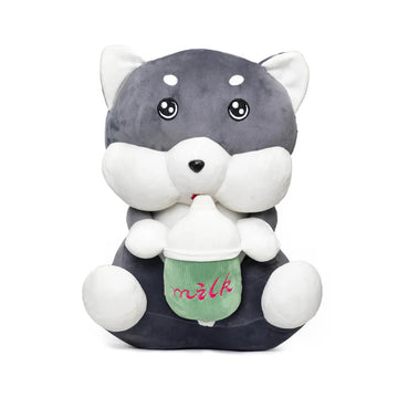 Adorable Grey Puppy Plush Toy with Milk Bottle – Soft Stuffed Animal