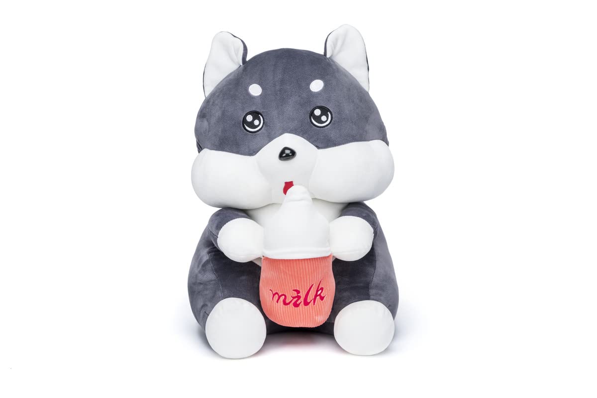 Adorable Grey Puppy Plush Toy with Milk Bottle