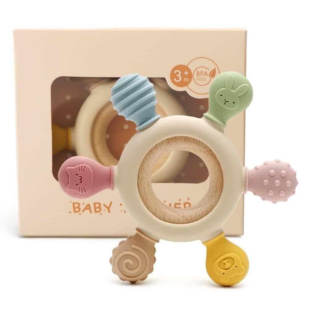 3+ Months Baby Wood & Silicone Teether Toy