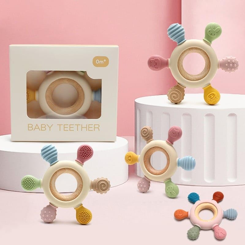 3+ Months Baby Wood & Silicone Teether Toy