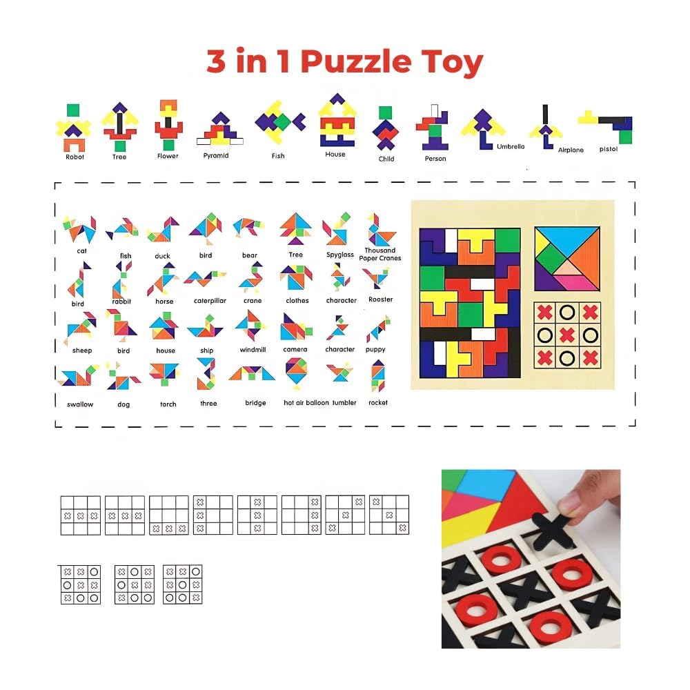 Wooden 3 in 1 Learning & Educational Magnetic Tangrams, Tetris and Rainbow Bridge Pattern Blocks Puzzle Sorter Kids Toy