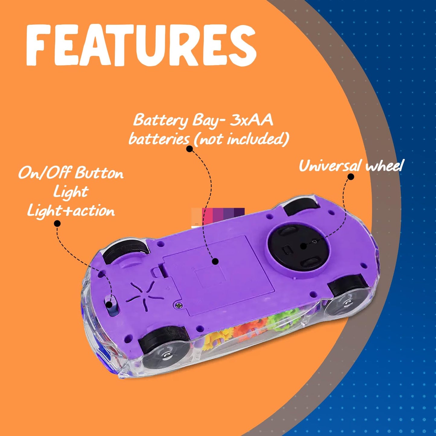 3D Flashing Light & Music Transparent Gear Car Toy