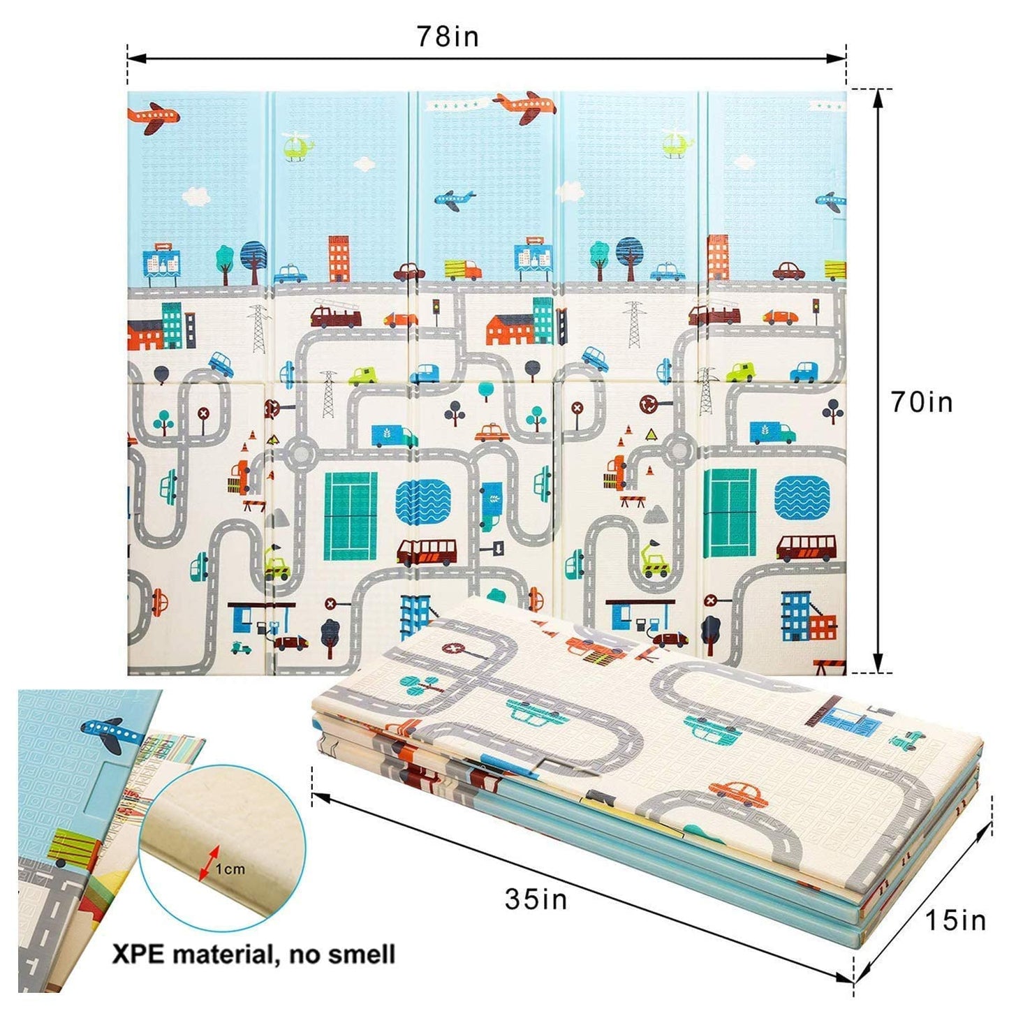 Double-Sided Foldable Baby Play Mat - Road & City Theme