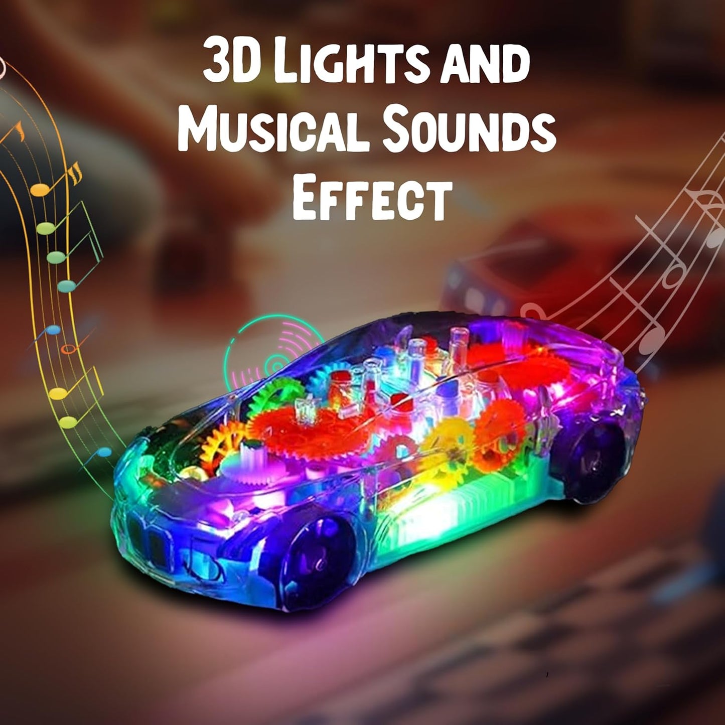3D Flashing Light & Music Transparent Gear Car Toy