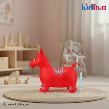 Red horse-shaped inflatable toy on a mat with 'kidliiva' branding in the background.