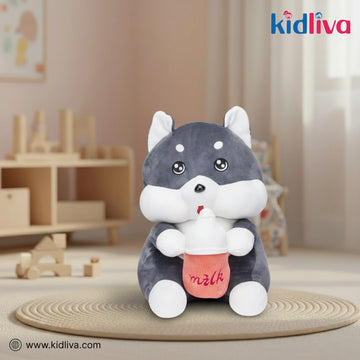 Adorable Grey Puppy Plush Toy with Milk Bottle