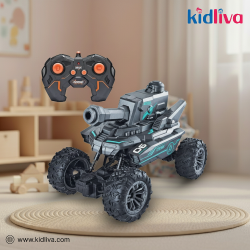 Toy vehicle with remote control on a wooden surface, Kidliva brand visible