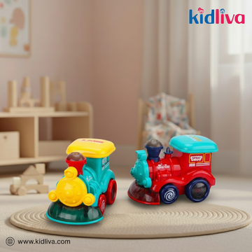 Two colorful toy trains on a wooden surface with a blurred background