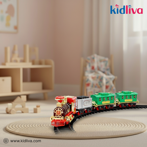 Toy train set on a track with 'kidliiva' branding in a room setting.