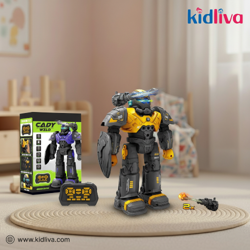Toy robot with accessories and packaging on a surface, branded with Kidliva.