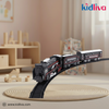 Toy train set on a track with 'Kidliva' branding in a child's room.