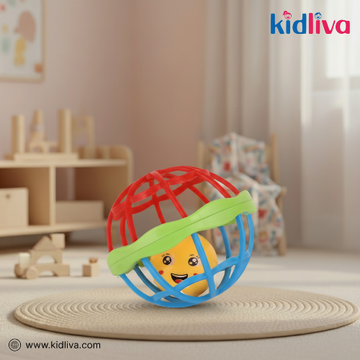 Colorful toy ball with a smiling face in a child's room, featuring the Kidliva brand.