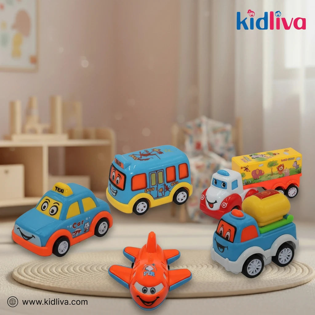 Set of 5 Cute Cartoon Vehicles | Push-and-Go Toy