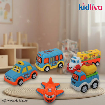Set of 5 Cute Cartoon Vehicles | Push-and-Go Toy