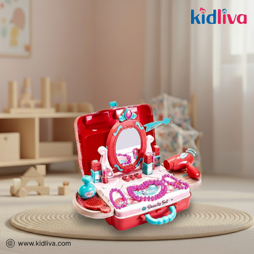 Toy beauty set with mirror and accessories on a beige surface, branded as Kidliva.