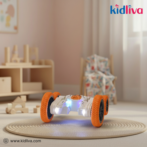 Toy car with orange wheels on a rug in a room with furniture and decor.