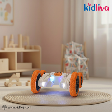 Toy car with orange wheels on a rug in a room with furniture and decor.