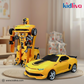 Transforming toy car and robot on a wooden floor with 'Kidliva' branding.