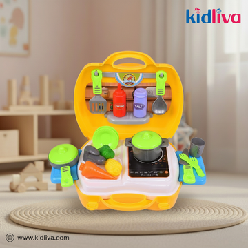 Colorful toy kitchen set with various utensils and appliances on a neutral background, featuring the Kidliva brand.