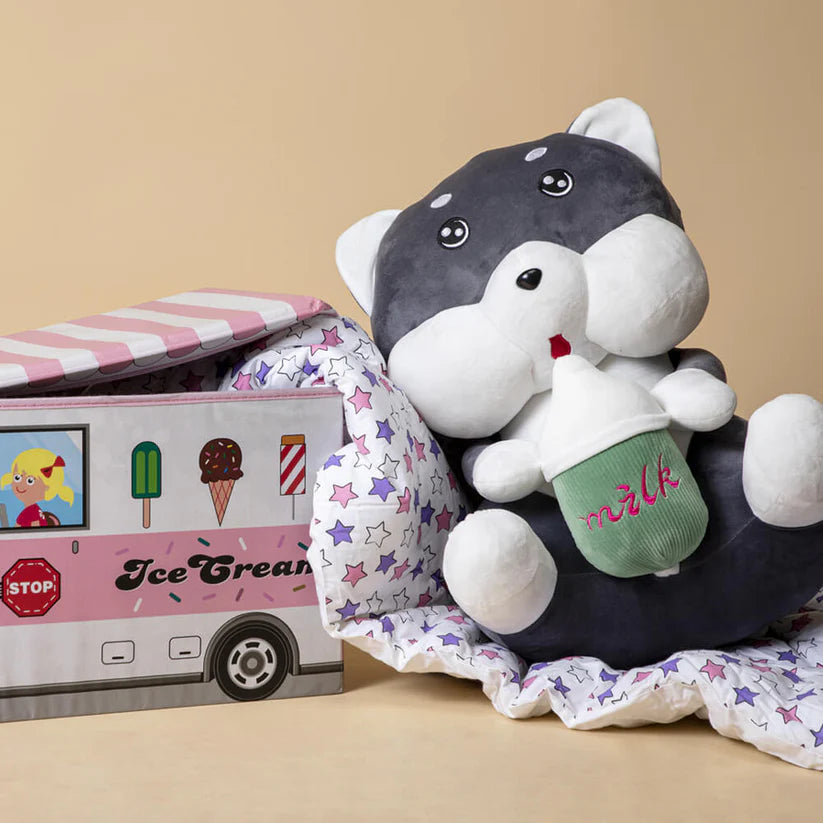 Adorable Grey Puppy Plush Toy with Milk Bottle – Soft Stuffed Animal